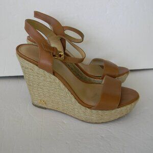 MICHAEL KORS JILL NATURAL TAN LEATHER ANKLE STRAP WEGE ESPADRILLE HEELS SZ 7M